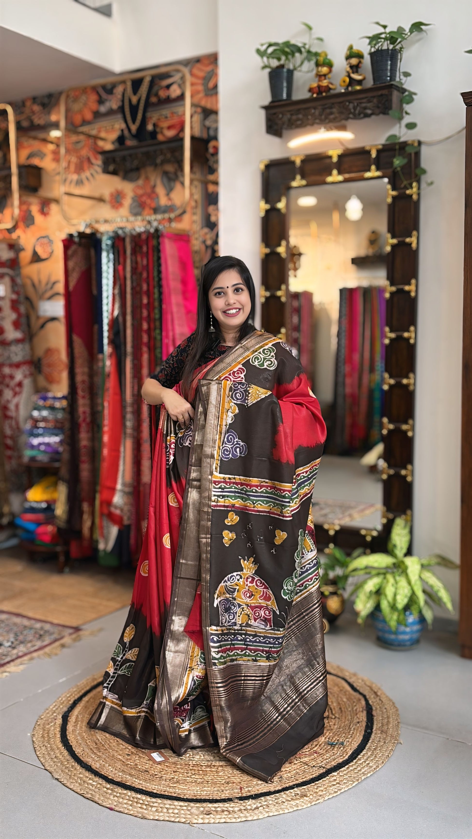 Gehra Lal - Hand Batik Maheshwari Saree