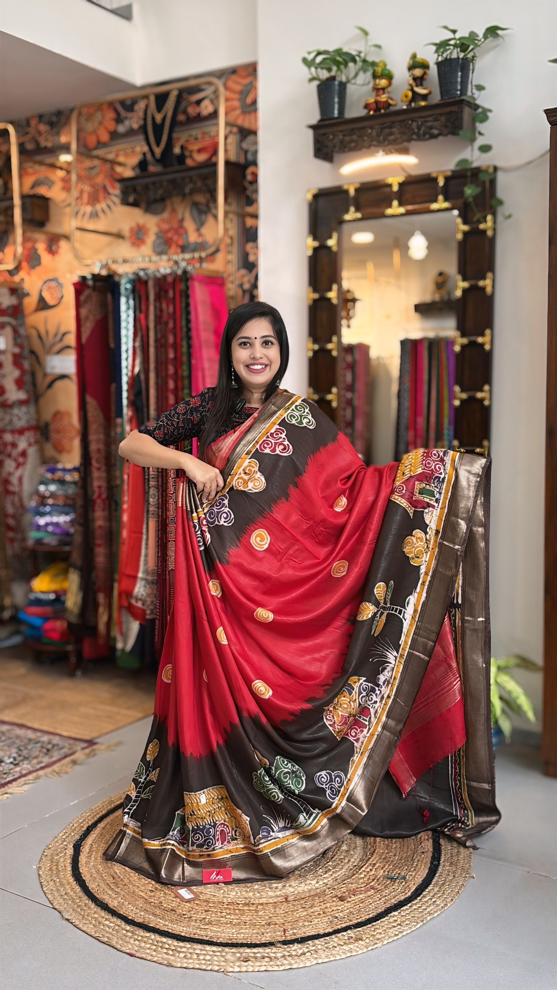Gehra Lal - Hand Batik Maheshwari Saree